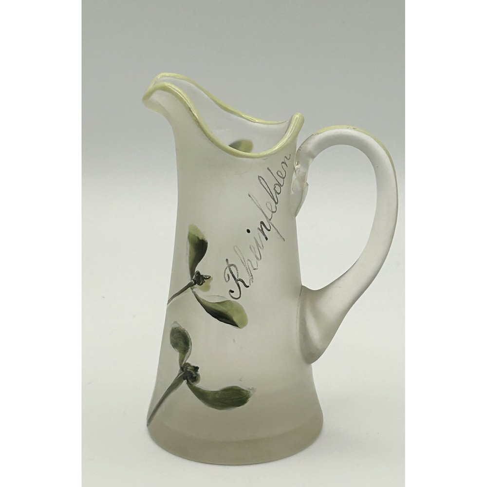 Antique Frosted Glass Pitcher Hand Painted Mistletoe Rheinfelden Souvenir 4.5"